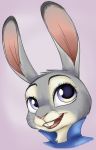  ambiguous_gender anthro buckteeth bust_portrait clothed clothing dipstick_ears disney fur grey_body grey_fur head_tuft hi_res judy_hopps lagomorph leporid looking_at_viewer mammal multicolored_ears neck_tuft open_mouth open_smile pink_nose portrait purple_background purple_eyes rabbit signature simple_background smile solo teeth tuft vampireselene13 whiskers white_body white_fur zootopia 