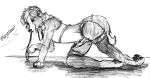  black_and_white canid canine canis clothing collar domestic_dog english_text fen-fen girly knot leash legwear lingerie looking_at_viewer male mammal monochrome penis pinup pose sketch solo stockings text traditional_media_(artwork) 