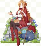  1girl :q absurdres animal_on_lap ankle_belt asuna_(sao) belt bento black_belt black_thighhighs black_trim blue_flower blush boar boots braid breasts brown_belt brown_eyes brown_hair cat cat_on_lap chopsticks cloak closed_mouth commentary_request flower food grass half_up_half_down_braid hands_up high-waist_skirt highres holding holding_chopsticks holding_food holding_with_chopsticks hood hood_down hooded_cloak knee_boots long_hair long_sleeves looking_at_viewer medium_breasts miniskirt official_alternate_costume on_lap orange_cat pleated_skirt purple_flower red_boots red_cloak red_skirt senkuma777 shirt simple_background sitting skirt sleeping slime_(creature) smile solo straight_hair sword_art_online thighhighs tongue tongue_out white_background white_flower white_shirt wrist_belt 