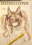  1girl angelina_(arknights) animal_ears arknights art_tools_in_frame bespectacled brown_hair chinese_commentary colored_pencil_(medium) commentary_request dot_nose double-parted_bangs fox_ears fox_girl gilberta_(arknights) glasses grin hair_between_eyes headgear highres long_hair messy_hair one_eye_closed pen_(medium) signature simple_background smile solo traditional_media twintails upper_body white_background yizhixiaomaolu73370 