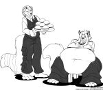 2013 accessory ailurid anthro belly big_belly bottomwear bound burger canid canine canis chair clothing collared_shirt deep_navel deonwolf digital_media_(artwork) dress_shirt duo food furniture hair huge_belly line_art male mammal monochrome navel necktie obese obese_anthro obese_male overweight overweight_anthro overweight_male pants plate red_panda shirt sitting tongue tongue_out topwear vest weight_gain wolf xeros_(therealsolitair)