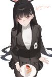  1girl absurdres artist_name black_halo black_pantyhose black_suit blue_archive cake closed_mouth commentary_request food hair_ornament halo highres holding holding_plate long_hair looking_at_viewer millennium_science_school_logo pantyhose plate ran_(gcrm8377) red_eyes red_halo rio_(blue_archive) sitting skirt smile solo suit sweater turtleneck turtleneck_sweater very_long_hair white_background 