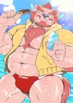  2019 5_fingers beach beard black_nose blue_eyes body_hair bulge chernobog chest_hair clothed clothing demon eyebrows facial_hair fingers food hair hi_res horn kurotez looking_at_viewer male muscular muscular_male mustache pink_body pink_skin red_hair seaside solo speedo swimwear thick_eyebrows tokyo_afterschool_summoners tusks video_games 