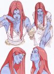  1girl absurdres artist_name bangle blue_skin bracelet breasts cleavage colored_skin cowl diamond_skin ena_bianca english_commentary from_above highres jewelry long_hair looking_at_viewer looking_down looking_to_the_side looking_up marvel multiple_views mystique parted_bangs red_hair signature sketch skull skull_belt solo superhero_costume upper_body western_comics_(style) white_background x-men 