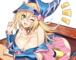 ass blonde_hair blush breasts cleavage cropped dark_magician_girl green_eyes hat long_hair wink witch_hat yappen yu-gi-oh 