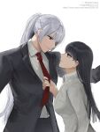  2girls ak-15_(erwin)_(girls'_frontline) ak-15_(girls'_frontline) commentary_request female_commander_(girls'_frontline) fresa_pie girls'_frontline grey_hair highres long_hair multiple_girls purple_eyes shirt white_background white_shirt yuri 