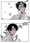 2boys black_hair blue_eyes c138300 collared_shirt commentary doumeki_shizuka flower frown glasses highres light_smile looking_at_another male_focus multiple_boys sanpaku shirt short_hair simple_background untranslatable_commentary watanuki_kimihiro white_background white_flower white_shirt xxxholic 