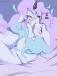  2019 anthro anthro_on_anthro anthrofied bedding blush breasts cleavage clothed clothing duo equid female female/female french_kissing galarian_ponyta hair hi_res horn kissing lying mammal napdust nintendo nude pok&eacute;mon pok&eacute;mon_(species) pok&eacute;morph regional_variant tongue two_tone_tail unicorn video_games 