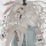  1girl albino animal_ears card dress expressionless hairband highres holding holding_stuffed_toy lolita_hairband long_hair looking_at_viewer m_insomnia23 original playing_card rabbit_ears red_eyes red_nails solo stuffed_animal stuffed_rabbit stuffed_toy wavy_hair white_hair 