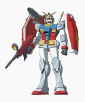 absurdres beam_rifle clenched_hand commentary energy_gun english_commentary full_body grey_background gun gundam highres holding holding_gun holding_weapon looking_at_viewer may:be mecha mecha_focus mobile_suit_gundam no_humans robot rx-78-2_gundam science_fiction shield shoulder_cannon simple_background solo v-fin weapon yellow_eyes 