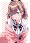  10miyamoto 1girl brown_hair cardigan center_frills collared_shirt commentary_request frilled_shirt frills green_eyes hair_intakes hair_ornament hairclip highres long_hair looking_at_viewer nijisanji open_mouth pink_cardigan pink_ribbon ribbon shirt smile solo striped_ribbon suzuhara_lulu suzuhara_lulu_(1st_costume) two-tone_ribbon virtual_youtuber white_shirt 