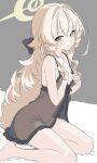  1girl babydoll black_babydoll blonde_hair bow breasts fluffy_hair green_eyes hair_bow hair_intakes halo highres kamitosayu long_hair professor_niyaniya_(blue_archive) see-through_clothes seiza side_ahoge sitting small_breasts smile thighs yellow_halo 