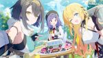  3girls ;d absurdres amber_(stella_sora) black_gloves black_hair black_hat blonde_hair blue_eyes blue_sky breasts cake commentary copyright_name earrings english_commentary female_tyrant_(stella_sora) fingerless_gloves food gloves gotyou hairband hat highres holding holding_party_popper iris_(stella_sora) jewelry long_hair looking_at_viewer lucky_oasis_(stella_sora) male_tyrant_(stella_sora) monolith_(stella_sora) multiple_girls new_star_guild_(stella_sora) noya_(stella_sora) one_eye_closed open_mouth party_popper purple_hair red_eyes second-party_source sideboob sidelocks sky smile stella_sora tyrant_(stella_sora) w yellow_eyes 
