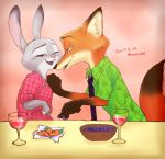  2017 ambiguous_gender anthro berry beverage buckteeth canid canine carrot clothed clothing dipstick_ears dipstick_tail disney duo food fox fruit fur gloves_(marking) green_eyes half-closed_eyes half-length_portrait hawaiian_shirt holding_object inner_ear_fluff judy_hopps lagomorph leporid mammal markings motsuko8 multicolored_ears multicolored_tail nick_wilde one_eye_closed open_mouth open_smile plant portrait purple_eyes rabbit shirt smile teeth topwear tuft vegetable wine_glass zootopia 
