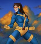  1girl absurdres brown_hair cloud cloudy_sky cyclops_(x-men) genderswap genderswap_(mtf) highres marvel marvel_vs._capcom marvel_vs._capcom_2 non-web_source sky superhero_costume western_comics_(style) x-men x-men_vs._street_fighter x-uniform 