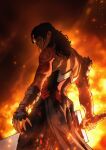  1girl absolute_dc absolute_wonder_woman arm_wrap back_muscles biceps black_hair dc_comics embers fire highres holding holding_sword holding_weapon huge_weapon looking_at_viewer looking_back orochispawn red_tattoo solo standing strapless sword tattoo tattoo_sleeve tiara weapon wonder_woman wonder_woman_(absolute_dc) wonder_woman_(series) 