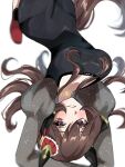  1girl animal_ears black_dress blush breasts brown_hair commentary_request dress ear_covers ear_ornament gentildonna_(umamusume) hair_between_eyes hair_ornament heart-shaped_ornament heart_ear_ornament highres horse_ears horse_girl horse_tail large_breasts long_hair long_sleeves looking_at_viewer official_alternate_costume open_mouth red_eyes see-through_clothes see-through_sleeves shoes simple_background smile solo tail umamusume upside-down wlpyx 
