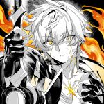  1boy absurdres artist_name black_background black_gloves black_jacket caelus_(honkai:_star_rail) collarbone commentary_request cracked_skin cropped_torso eyelashes fingerless_gloves fingernails fire gloves hair_between_eyes hand_on_own_chest hands_up highres holding holding_sword holding_weapon honkai:_star_rail honkai_(series) hood hooded_jacket jacket long_sleeves looking_at_viewer male_focus open_clothes open_jacket partially_colored rongyuan_gulu scar shirt short_hair simple_background solo sword t-shirt teeth torn_clothes torn_shirt trailblazer_(honkai:_star_rail) two-sided_fabric two-sided_jacket upper_body weapon white_shirt wide-eyed yellow_eyes yellow_jacket 