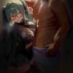  1boy 1girl aqua_hair black_bra black_garter_straps black_necktie black_ribbon blush bra commander_(nikke) covering_privates fishnet_top fishnets game_cg garter_straps goddess_of_victory:_nikke hair_intakes hair_ornament hair_ribbon highres hot jacket long_hair midriff muscular muscular_male necktie non-web_source nude_cover official_art open_mouth paw_hair_ornament pencil_skirt pinstripe_jacket pinstripe_pattern privaty_(nikke) privaty_(sharp_lesson)_(nikke) ribbon see-through_cleavage see-through_clothes semi-rimless_eyewear skirt spoilers striped_clothes striped_jacket sweat twintails underwear vertical-striped_clothes vertical-striped_jacket yellow_eyes 