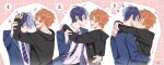  2boys absurdres aoyagi_touya arm_around_another's_waist arms_around_neck arms_up arrow_(symbol) black_jacket blonde_hair blue_hair blue_jacket blush closed_eyes closed_mouth collared_shirt commentary diagonal-striped_clothes diagonal-striped_necktie drawstring english_commentary fingernails flower funatsu_c grabbing_another's_arm hair_between_eyes hands_on_another's_head highres jacket kamiyama_high_school_uniform_(project_sekai) kiss lapels layered_clothes layered_sleeves long_sleeves looking_at_another male_focus multicolored_hair multicolored_necktie multiple_boys necktie nervous_sweating numbered open_clothes open_jacket orange_hair project_sekai school_uniform shinonome_akito shirt short_hair split-color_hair streaked_hair striped_clothes sweat teeth two-tone_hair upper_body upper_teeth_only white_shirt wing_collar yaoi 