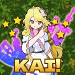  1girl black_hairband blonde_hair commentary_request dress frilled_dress frilled_sleeves frills grin hair_ornament hairband highres joppi long_hair looking_at_viewer orange_eyes shell shell_hair_ornament smile solo star_(symbol) touhou v very_long_hair watari_nina white_dress wide_sleeves 