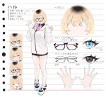  1girl ;d ankle_socks black-framed_eyewear black_hair black_shirt black_skirt blonde_hair blue_eyes blue_nails bow closed_eyes collared_shirt commentary_request diagonal-striped_bow drawstring dress_shirt glasses gradient_hair hair_ornament hairclip hands_up haru_(rerrere) hood hood_down hooded_jacket jacket long_sleeves multicolored_hair multiple_views nail_polish one_eye_closed original pink_bow pink_nails pleated_skirt puffy_long_sleeves puffy_sleeves reference_sheet rerrere shirt shoes skirt sleeves_past_wrists smile socks striped_bow translation_request white_jacket white_shoes white_socks 