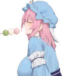  1girl 258n absurdres blue_hat blue_kimono blush breasts closed_eyes dango feeding food hat highres japanese_clothes kimono large_breasts long_hair mob_cap open_mouth pink_hair saigyouji_yuyuko sanshoku_dango simple_background skewer sleeve_garter solo touhou triangular_headpiece upper_body wagashi white_background 
