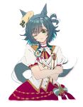  1girl absurdres animal_ears ascot breasts closed_mouth commentary_request ears_through_headwear green_eyes green_hair hair_between_eyes hat highres horse_ears horse_girl horse_tail jacket kiseki_(umamusume) looking_at_viewer morizu929 multicolored_hair new_stars_rose_(umamusume) one_eye_closed open_clothes open_jacket puffy_short_sleeves puffy_sleeves shirt short_hair short_sleeves simple_background smile solo streaked_hair tail umamusume vest white_background white_jacket white_shirt white_streaks white_vest yellow_hat 