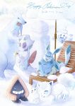  alolan_vulpix beartic blue_eyes chair closed_eyes dated drink froslass glaceon highres holding holding_drink ice_type_theme_(pokemon) mixed-language_commentary morinouta-m outdoors pokemon pokemon_(creature) pokemon_day snorunt snow_sculpture snowing snowman spheal vanillite 