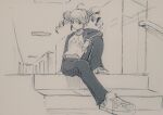  1girl ahoge commentary_request drill_hair hair_between_eyes hallway jacket kasane_teto leg_up medium_hair monochrome mp777b open_clothes open_jacket pants railing shirt shoes sitting solo stairs synthesizer_v twin_drills ultra_trailer_(synthesizer_v) utau 