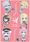  6+girls :< :q aikawa_megumi animal_ears animal_hood animal_on_head asakura_karen_(heaven_burns_red) black_cape black_hat black_ribbon blonde_hair blue_jacket blunt_bangs border braid brown_pantyhose bun_cover cape cat cat_ears cat_hood cat_on_head chibi chibi_only closed_mouth commentary_request double_bun double_v fake_animal_ears frown full_body glasses green_eyes grey_hair hair_bun hair_ornament hair_over_one_eye hair_ribbon hairclip half_up_braid hands_up hat heaven_burns_red highres hood hood_up hooded_jacket izumi_yuki jacket kayamori_ruka kunimi_tama long_hair long_sleeves looking_at_another looking_at_viewer low_twintails multiple_girls narby_(heaven_burns_red) on_head one_eye_covered open_clothes open_jacket orange_jacket outline pantyhose parallel_hairclips peaked_cap pink_eyes pink_hair red_background red_eyes ribbon round_eyewear short_hair simple_background siromochino sitting slime_(creature) smile standing striped_clothes striped_pantyhose team_31a_(heaven_burns_red) teheperinko_(heaven_burns_red) tehepero thighhighs tongue tongue_out toujou_tsukasa twintails two_side_up v v-shaped_eyebrows vertical-striped_clothes vertical-striped_pantyhose white_border white_outline white_ribbon white_thighhighs zettai_ryouiki 