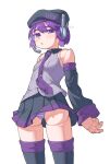  1girl beret black_hat black_skirt commentary cowboy_shot detached_sleeves doll_joints grey_shirt hat headset highres joints kanbaru_mitsuki long_sleeves looking_at_viewer miniskirt necktie panties pantyshot parted_lips pleated_skirt purple_eyes purple_hair purple_necktie revision shirt short_hair simple_background skirt sleeveless sleeveless_shirt solo standing striped_clothes striped_panties thighhighs underwear utane_uta utau variant_set white_background 
