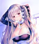  1girl azur_lane bangs bare_shoulders between_breasts black_dress blurry blurry_background blush breasts cleavage depth_of_field dress earrings eyebrows_visible_through_hair formidable_(azur_lane) frilled_dress frills grey_hair hair_ribbon indoors jewelry large_breasts light_particles long_hair long_sleeves looking_at_viewer mouth_hold red_eyes rei_(rei&#039;s_room) ribbon solo twintails two-tone_dress two-tone_ribbon very_long_hair 
