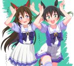  2girls :d absurdres animal_ears black_hair blue_eyes blush bow bowtie breasts brown_hair brown_shoes collarbone commentary_request ear_covers foot_out_of_frame gradient_hair green_eyes green_hair hair_between_eyes hair_bow highres horse_ears horse_girl kemonomimi_mode kitasan_black_(umamusume) leg_up long_hair looking_at_viewer love_live! love_live!_nijigasaki_high_school_idol_club maeda_kaori mary_janes medium_breasts medium_hair miniskirt multicolored_hair multiple_girls nice_nature_(umamusume) open_mouth osaka_shizuku pleated_skirt puffy_short_sleeves puffy_sleeves purple_bow purple_bowtie purple_shirt rabbit_pose sailor_collar school_uniform serafuku shinonome_sakura shirt shoes short_sleeves skirt smile summer_uniform takasaki_yu thighhighs tracen_school_uniform twintails umamusume umapyoi_densetsu voice_actor_connection white_sailor_collar white_skirt white_thighhighs yano_hinaki zettai_ryouiki 