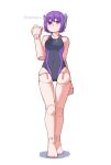  1girl alternate_costume artist_name barefoot commentary_request doll_joints full_body hand_up highres joints kanbaru_mitsuki looking_at_viewer one-piece_swimsuit purple_eyes purple_hair short_hair simple_background solo standing swimsuit thigh_gap twitter_username utane_uta utau watermark 