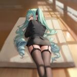  1girl aqua_hair black_garter_straps black_ribbon black_thighhighs blurry blurry_edges drill_hair earrings game_cg garter_straps goddess_of_victory:_nikke hair_ornament hair_ribbon head_tilt highres jacket jewelry long_hair looking_back lying mat non-web_source official_art on_stomach panties pantyshot paw_hair_ornament pencil_skirt pinstripe_jacket pinstripe_pattern privaty_(nikke) privaty_(sharp_lesson)_(nikke) reflection ribbon semi-rimless_eyewear skirt spoilers striped_clothes striped_jacket thighhighs twin_drills twintails underwear vertical-striped_clothes vertical-striped_jacket wooden_floor yellow_eyes 