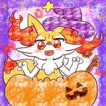1:1 2021 3_fingers abstract_background ambiguous_anthro ambiguous_gender annyui0611 anthro arm_tuft blush blush_lines border braixen canid cheek_tuft chest_tuft clothed clothing cute_fangs digital_drawing_(artwork) digital_media_(artwork) dipstick_tail facial_tuft fangs fingers food front_view fruit fur generation_6_pokemon halloween hat headgear headwear hi_res holidays inner_ear_fluff japanese_description looking_at_viewer mammal markings multicolored_body multicolored_fur nintendo open_:3 orange_body orange_clothing orange_fur partially_clothed_ambiguous partially_clothed_anthro plant pokemon pokemon_(species) portrait pumpkin rawr red_eyes red_inner_ear_fluff red_nose red_tail_tip shoulder_tuft sparkles standing star_polygon stick tail tail_markings tapering_snout teeth textured three-quarter_portrait topless topless_ambiguous topless_anthro translated_description tuft two_tone_tail white_body white_fur witch_hat yellow_body yellow_fur yellow_tail