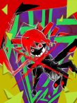  1girl abstract abstract_background absurdres artist_name black_skin colored_skin drill_hair grin highres irregular_man_(synthesizer_v) kasane_teto looking_at_viewer medium_hair naturally_detached_hair paintercattle reaching reaching_towards_viewer red_eyes red_hair smile solo synthesizer_v twin_drills utau 