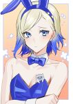  1girl 1other akagi_kurage animal_ears blonde_hair blue_bow blue_bowtie blue_eyes blue_hair blue_leotard blush bow bowtie breasts commentary_request fake_animal_ears gradient_background gradient_hair highres jean_bart_(kancolle) kantai_collection leotard looking_at_viewer mole mole_under_eye multicolored_hair orange_background pale_skin playboy_bunny short_hair small_breasts solo strapless strapless_leotard traditional_bowtie upper_body white_background 