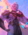  1boy absurdres armor black_choker black_gloves blue_eyes choker cloud coat collared_shirt commentary cowboy_shot english_commentary gloves hair_over_one_eye hand_on_own_hip highres honkai:_star_rail honkai_(series) long_sleeves looking_at_viewer male_focus one_eye_covered open_mouth parted_hair pauldrons phainon_(honkai:_star_rail) pikwat shirt shoulder_armor single_pauldron sky smile solo teeth upper_teeth_only white_coat 