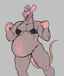  anthro belly big_belly bikini breasts brown_body brown_fur clothed clothing female fur hair looking_at_viewer mammal murid murine muscular muscular_female open_mouth pink_hair pregnant rat ritts rodent simple_background small_breasts smile solo standing swimwear tongue trace_(character) 