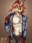  2019 4_fingers absurd_res anthro bedroom_eyes blue_eyes blue_sclera bottomwear brown_background brown_body brown_fur button-up claws clothed clothing countershade_tail countershade_torso countershading dragon fingers flannel front_view fur furred_dragon gradient_background half-closed_eyes hand_on_leg hi_res horn idoodle2draw inner_ear_fluff inviting jeans looking_at_viewer male mane manly multicolored_body multicolored_fur pants portrait pose red_body red_fur scalie seductive sergal shirt signature simple_background smile smirk solo standing tan_background tan_body tan_fur tan_skin teasing topwear tuft veriek white_countershading 