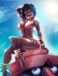  1girl absurdres aqua_gem artist_name bead_necklace beads bikini black_hair breasts bright_pupils dark-skinned_female dark_skin diamond_(gemstone) diamond_(shape) diamond_earrings earrings gem grin highres jewelry large_breasts neck_ring necklace olivia_(pokemon) pink_bikini pink_gem pink_lips pokemon pokemon_(creature) pokemon_sun_and_moon probopass short_hair smile solo_focus swimsuit tidywire tsurime twitter_username 