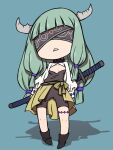  1girl beeru_(veil8801) black_choker blindfold_mask blue_background braid choker commentary_request demon demon_girl demon_horns frieren green_hair highres horns long_hair mask multiple_braids open_mouth scabbard sheath simple_background sousou_no_frieren sword weapon zorida_(sousou_no_frieren) 