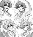  +++ 2boys bishounen blood blood_on_face blunt_ends choppy_bangs coat cropped_torso crossed_bangs eyelashes fatui_coat fingernails fur-trimmed_coat fur-trimmed_hood fur_trim genshin_impact gloves greyscale hacwss hair_between_eyes highres holding holding_knife hood hood_up hooded_coat incoming_attack japanese_clothes jewelry kimono knife lapels lohen_(genshin_impact) looking_at_viewer mandarin_collar monochrome multiple_boys neck_ring open_mouth parted_lips scaramouche_(genshin_impact) smile teeth tsurime white_background 