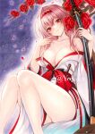  1girl bare_shoulders blush breasts cleavage closed_mouth commentary_request goddess_of_victory:_nikke hair_between_eyes highres holding holding_weapon large_breasts long_hair looking_at_viewer pink_hair red_eyes scarlet_(nikke) smile solo sword very_long_hair weapon yosaku_vs_hina 