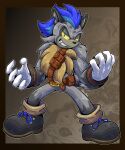 5:6 absurd_res anthro belt blue_hair boots chest_fur clothing digital_media_(artwork) fan_character footwear fur grey_hair haiiroslash hair hi_res hyena lether_harness male mammal nixus_(eggbot15) sega sharp_teeth shoes solo sonic_the_hedgehog_(series) spotted_hyena tail teeth