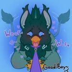 2026 absurd_res ambiguous_gender anthro avian blue_body blue_eyes blue_fur blush chest_tuft collar dialogue digital_drawing_(artwork) digital_media_(artwork) english_text fur good_boy gryphon heart_eyes heart_symbol hi_res kneeling ko_(koboldmilk) leash leashed_collar looking_at_viewer mythological_avian mythological_creature mythology solo tail tail_motion tailwag text tongue tongue_out tuft unknown_artist
