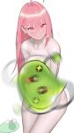  1girl absurdres ahoge blood blush breasts censored closed_mouth collarbone commentary_request completely_nude convenient_censoring covering_breasts covering_crotch covering_privates embarrassed gonggong_ill hair_behind_ear hair_between_eyes highres korean_commentary large_breasts long_hair looking_at_viewer medium_breasts mole mole_on_breast mole_under_eye motion_blur nosebleed novelty_censor nude pink_eyes pink_hair simple_background slime_(creature) solo white_background 