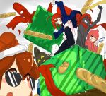  2others 4girls :d animal_ears baguette bent_v black_eyes black_skin blue_jacket blush box bread cape chiccha_na_watashi_(synthesizer_v) clenched_hands colored_skin creator_connection food hat highres irregular_man_(synthesizer_v) jacket kamemmmmms kasane_teto liar_dancer_(synthesizer_v) looking_at_another looking_at_viewer masarada medium_hair merry_christmas multiple_girls multiple_others musekinin_shuugoutai_(synthesizer_v) pink_hair pink_jacket rabbit_ears red_cape red_hair santa_hat shirt smile sunglasses synthesizer_v teeth ultra_trailer_(synthesizer_v) utau v white_background white_shirt 